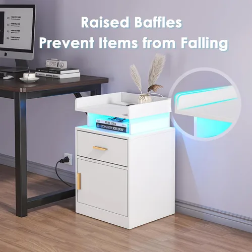 Vista 7 de Mesita de noche con estación de carga y luces LED, mesita de noche con cajón, mesita de noche con almacenamiento de gabinete, mesita de noche