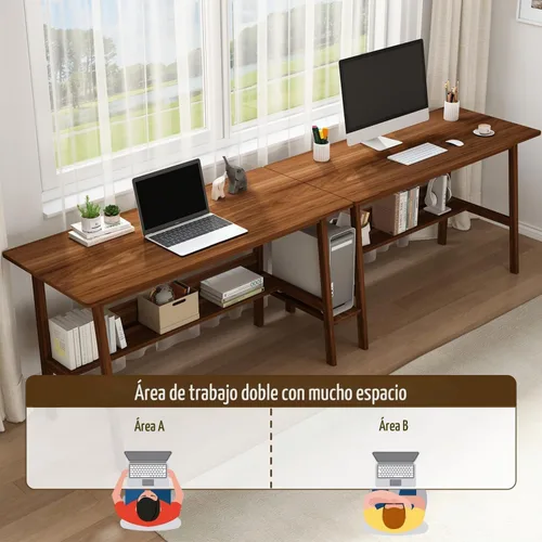 Vista 4 de NELYE Escritorio para 2 personas con estantería, mesa de trabajo de madera extra larga de 79 pulgadas, estación de trabajo para computadora de Nuez