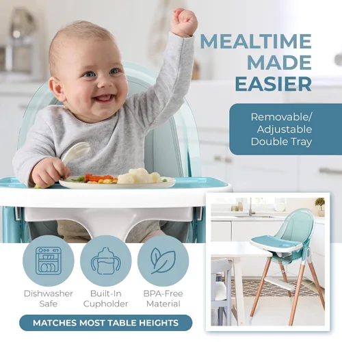 Vista 2 de Silla alta de madera de lujo 6 en 1 para bebés y niños pequeños, moderna, segura y compacta, fácil de limpiar y montar, bandeja y cojín extraíbles