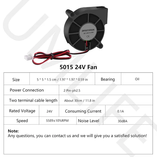 Vista 2 de UMLIFE Ventilador de soplador de impresora 3D 5015 DC 24V sin escobillas, rodamiento de aceite, ventilador de 1.969 x 1.969 x 0.591 in con terminal
