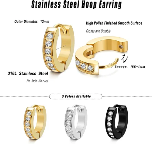 Vista 2 de FIBO STEEL Aretes de aro pequeños de acero inoxidable de 0.512 in y 0.787 in para hombres y mujeres, aretes Huggie con incrustaciones de circonita