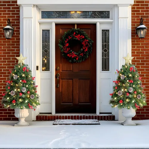 Vista 9 de OasisCraft - Juego de 2 árboles de Navidad artificiales para exterior de 24 pulgadas con relleno de urna escarchada, árbol de Navidad preiluminado