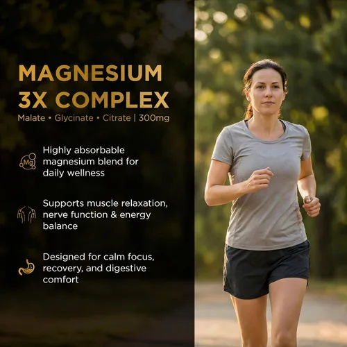 Vista 3 de Suplemento de magnesio para energía – Complejo triple de magnesio 300 mg con glicinato, malato y citrato – Alta absorción para recuperación