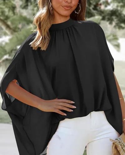 Vista 137 de BTFBM Blusas de verano para mujer, cuello alto falso, manga murciélago, holgadas, dobladillo alto y bajo, blusas informales de gran