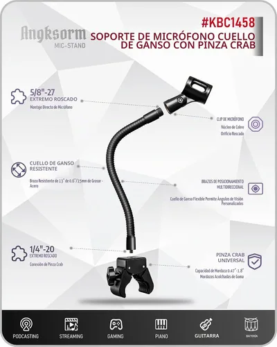 Vista 2 de Soporte de micrófono con soporte de música, cuello de cisne de 13 pulgadas