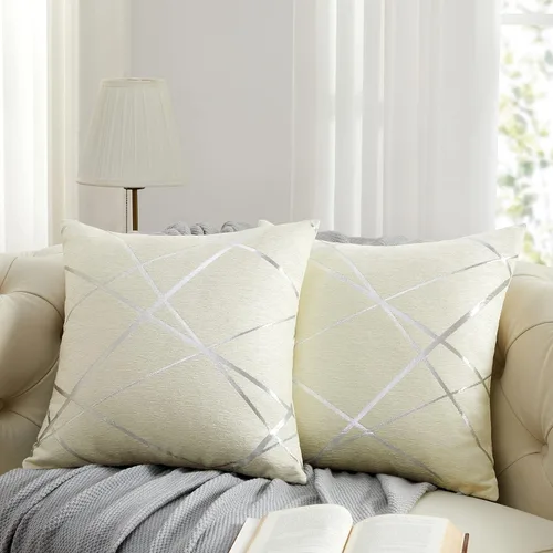 Vista 8 de GIGIZAZA - 2 paquetes de fundas de cojín de chenilla con rayas plateadas de jacquard para decoración de sofá