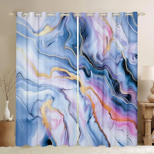 Vista 9 de Feelyou Cortinas abstractas para dormitorio, sala de estar, cortinas opacas de oscurecimiento negro y azul, con estampado de mármol, 2 paneles de 38
