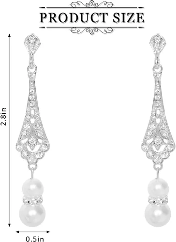 Vista 2 de Aretes colgantes de perlas de los años 20, aretes plateados de boda vintage para mujer