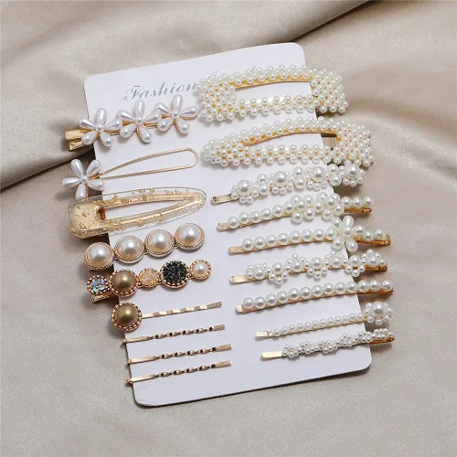 Vista 7 de Accesorios para el cabello para mujer, 18 piezas hechas a mano con pasadores de perlas de simulación, juego de clip geométrico de flores