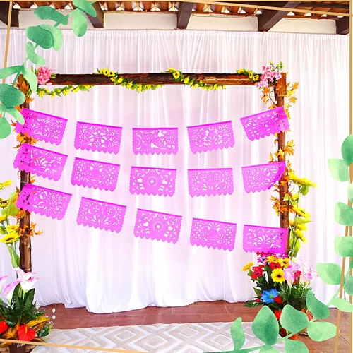 Vista 4 de Pancartas rosadas de Picado Picado, decoraciones de fiesta temática mexicana rosa, banderas mexicanas, decoraciones colgantes de fiesta de México
