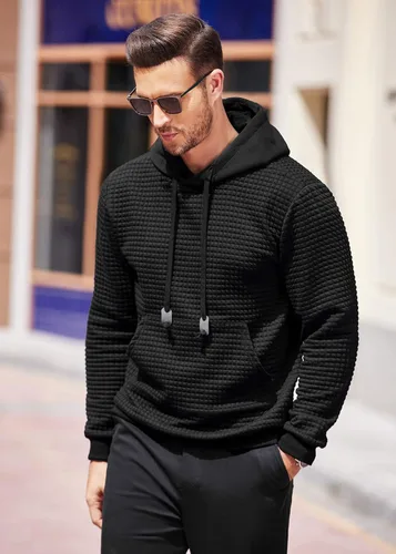 Vista 2 de COOFANDY Sudadera con capucha para hombre, de manga larga, a la moda, para gimnasio, atlética, a cuadros, jacquard, con bolsillo