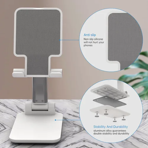 Vista 7 de Soporte para teléfono celular – Soporte para celular de altura ajustable para escritorio, soporte plegable de escritorio de aluminio para celular