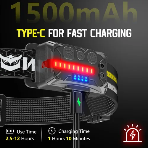 Vista 6 de EGUKU Linterna frontal recargable, paquete de 2 linternas frontales LED recargables 1200 lúmenes 2 COB haz ancho de 260° con sensor de movimiento