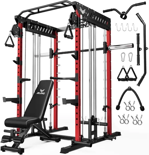 Vista 34 de JELENS M21 - Máquina Smith, jaula de potencia multifunción con sistema de cruce de cable de polea doble, banco de sentadillas todo en uno de 907 kg