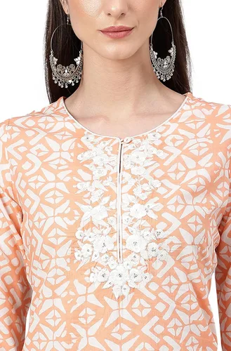Vista 8 de Janasya Kurta recta impresa algodón melocotón de las mujeres indias para las mujeres