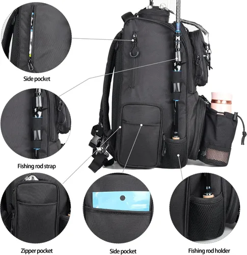 Vista 5 de Fishing Tackle Backpack With Rod Holders, Large 40L Fishing Backpack for Camping, Hiking