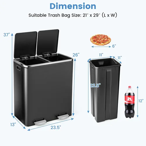 Vista 7 de Goplus Basurero doble de 60 litros (2 x 30 L)/16 galones de acero inoxidable, cubo de basura rectangular con cubos interiores y tapas con bisagras