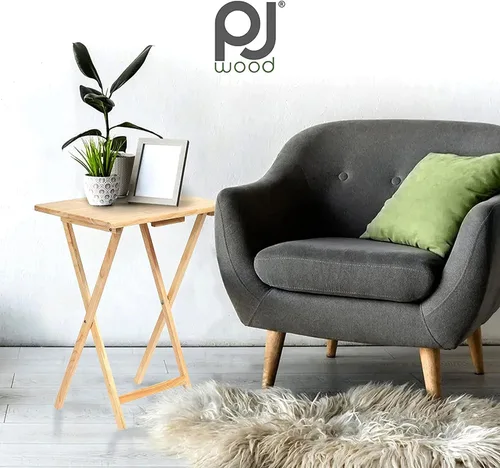 Vista 5 de PJ Wood Mesa Rectangular Plegable Portátil para TV Aperitivos Bandeja de Servir, Construcción de Madera Sólida con Acabado Natural