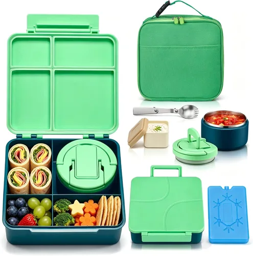 Vista 12 de Lonchera Bento con termo de sopa de 8 onzas, a prueba de fugas, 4 compartimentos, para niños, con taza de salsa y bolsa de hielo, tarro de comida