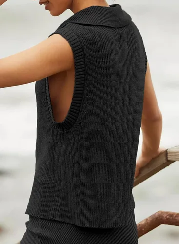 Vista 3 de EVALESS Suéteres sin mangas para mujer, suéter de punto con cuello en V y cuello en V, suelto, media cremallera, suéter sin botones