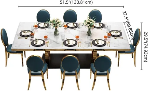 Vista 3 de LITFAD Mesa de mármol de estilo moderno con mesa blanca y base de caballete dorada, mesa de comedor rectangular con forma de mesa de restaurante