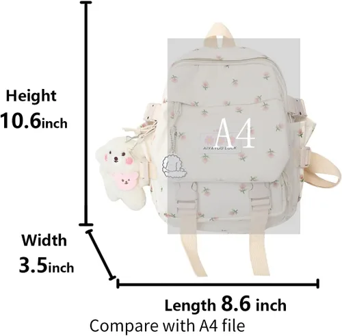 Vista 5 de Mochila estética Kawaii de 10.6 pulgadas con colgante mini mochila escolar linda mochila escolar japonesa mochila de flores, Blanco, Kawaii