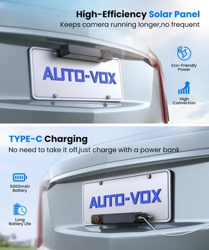 Vista 5 de AUTO-VOX Cámara de respaldo inalámbrica solar con monitor de 5" 1080P: Batería de 5000mAh, 2 minutos de instalación DIY y 2 cámaras de respaldo