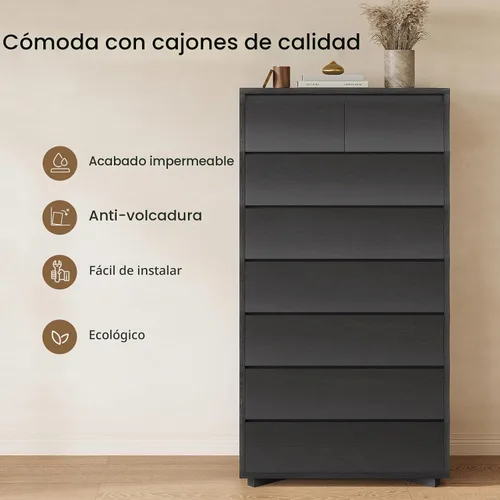 Vista 9 de Cómoda alta negra para dormitorio, cómoda de 61.1" de alto con 8 cajones, cómodas de madera y cómodas con cajones, organizadores de cajones Negro