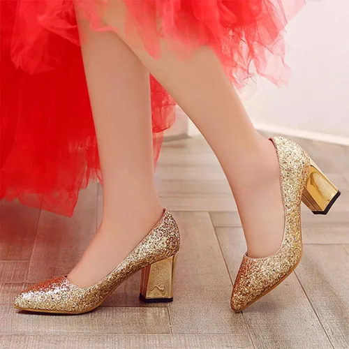Vista 5 de Zapatos de vestir clásicos de fiesta con tacón grueso con purpurina brillante para mujer, cómodos, tacón de bloque medio, sin cordones