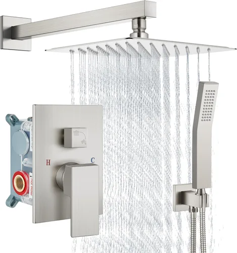 Vista 19 de Aolemi Sistema de ducha tipo lluvia de 12 pulgadas, cabezal de ducha cepillado Nikcel Combo Set con ducha de mano válvula de montaje en pared grifo