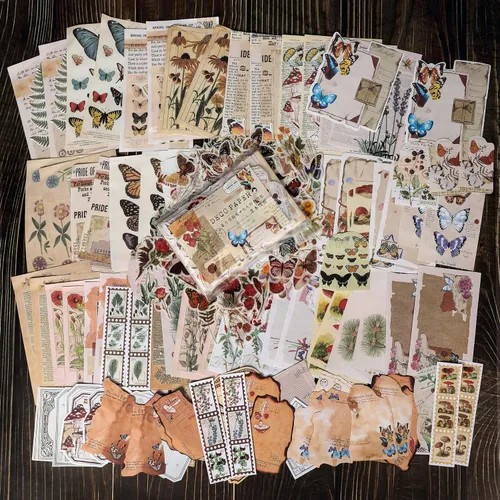 Vista 3 de Paquete de 200 piezas de suministros vintage para scrapbooking con calcomanías para diarios de desecho, pegatinas de papel DIY, paquete de ephemera