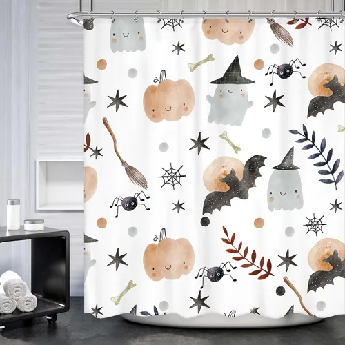 Vista 7 de Cortina de ducha de Halloween para niños, 60 pulgadas de ancho x 72 pulgadas de largo, bonita cortina de ducha con diseño de fantasma, calabaza