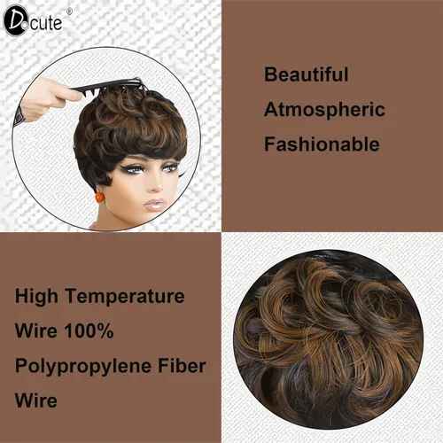 Vista 6 de DOcute Pelucas cortas de corte Pixie para mujeres negras, peluca Pixie negra y marrón, pelucas cortas rizadas con flequillo, peluca corta