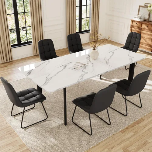 Vista 11 de HIPIHOM Mesa de comedor extensible para 6-8 personas, mesa rectangular de 63 a 78.7 pulgadas, MDF blanco con patas de metal resistentes, ahorro