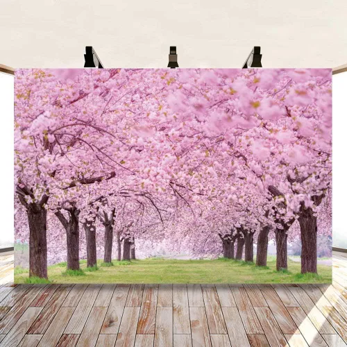 Vista 4 de Telón de fondo de flores de cerezo para fotografía 5x3 pies, paisaje primaveral de cerezo en flor, boda, despedida de soltera, fondo para retratos