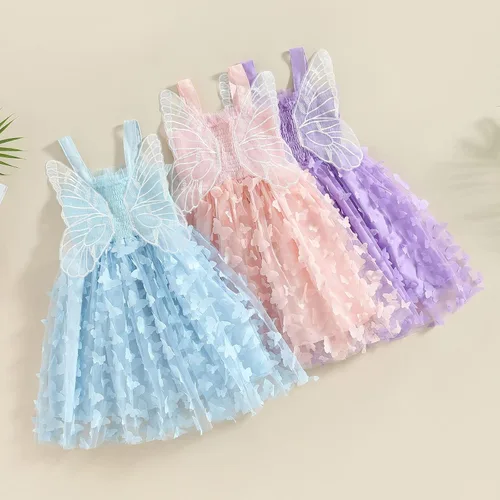 Vista 3 de Toddler Baby Girl Butterfly Dresses Solid Frill Princess Layered Sling Tulle Tutu Dress Birthday Party Casual Clothes