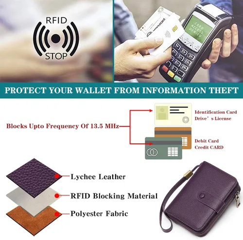 Vista 6 de GAEKEAO Cartera pequeña de cuero para mujer, con bloqueo RFID, con cremallera, organizador de tarjetas con llavero, A05-Púrpura-Large, Retro