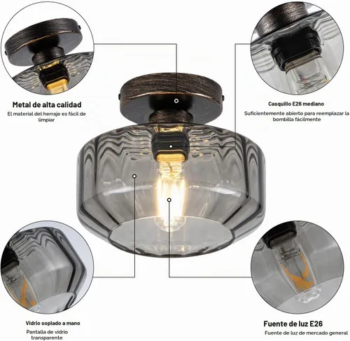 Vista 6 de Lámpara de techo empotrada de vidrio ahumado con LED de 1200 lúmenes, color negro champán dorado de 8.66 pulgadas, accesorio clasificado para Negro