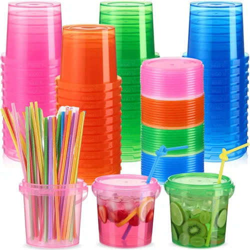 Vista 8 de Funnymoom Paquete de 36 cubos de plástico para ron para bebidas con pajita, cubeta de cóctel para helado, con tapas y asas, recipientes de alimentos