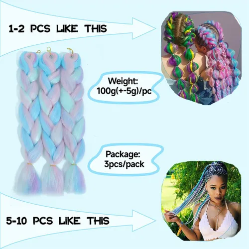 Vista 5 de Paquete de 3 extensiones de cabello trenzado de arco iris de 24 pulgadas, mezcla de cuatro colores para trenzas, trenzas de caja jumbo de fibra
