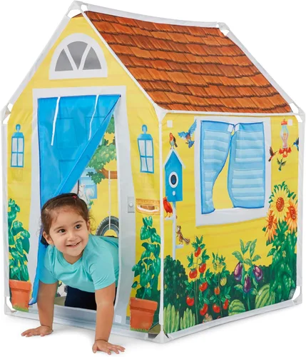 Vista 3 de Melissa & Doug Cozy Cottage Tienda de Juego de Tela y Bolsa Tote de Almacenamiento, Amarillo