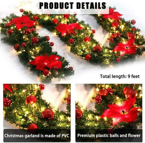 Vista 4 de Guirnalda de Navidad iluminada – 8.8 pies, de ratán, de Navidad, flores artificiales y vid artificiales de Navidad, con luces, funciona