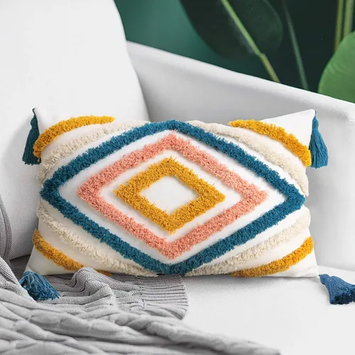 Vista 12 de JASEN Fundas de almohada bohemias, fundas de almohada decorativas tejidas con borlas y patrón de diamantes para sofá, dormitorio, sala de estar, sin