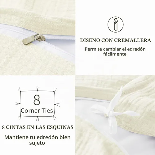 Vista 5 de MEISHANG Funda de edredón de muselina tamaño Queen, 100% algodón orgánico, funda de edredón de gasa con textura suave para todas las estaciones Beige
