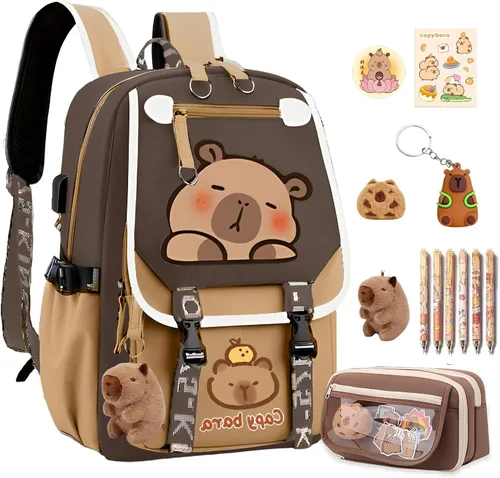 Vista 8 de Mochila impermeable de Capybara, mochila Kawaii de gran capacidad con 11 piezas de accesorios, Grande