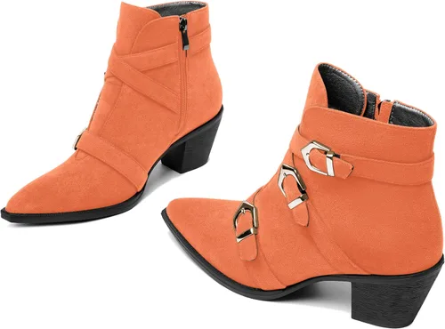 Vista 6 de AMBELIGHT Botas altas de tacón bajo grueso con cremallera y puntera puntiaguda para mujer, 2.5 pulgadas
