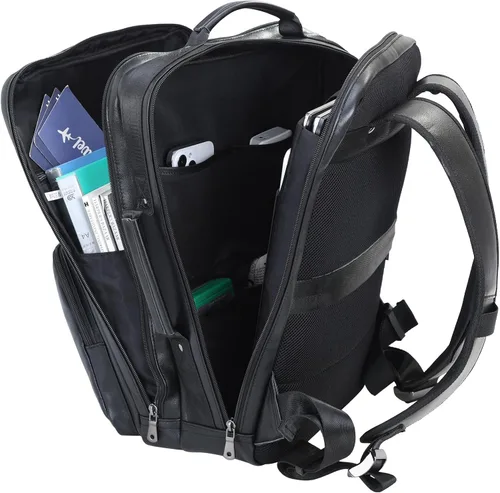 Vista 4 de TIDING Mochila para portátil de cuero de grano completo de 17.3 pulgadas para hombres, multibolsillos, casual, mochila de viaje de negocios, Negro