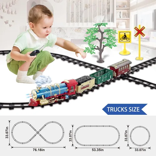 Vista 3 de JQ JUQU Juego de tren de control remoto para niños de 3 a 8 años, tren de juguete eléctrico con vapor, luces y sonidos, incluye 17 pistas y batería