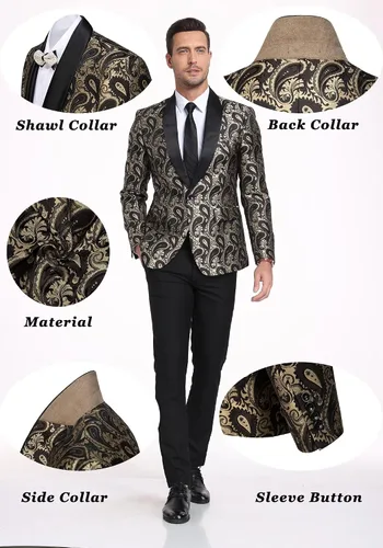 Vista 5 de Chaqueta de esmoquin floral para hombre, diseño de cachemira, ajustado, con solapa, para cena, graduación, fiesta, boda