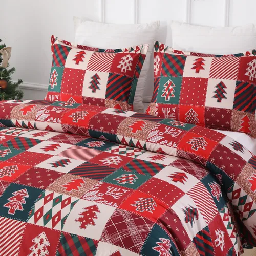 Vista 2 de Vaulia Funda de edredón de Navidad Twin, colección de ropa de cama de microfibra navideña con patrón de árbol a cuadros de Navidad, incluye 1 funda